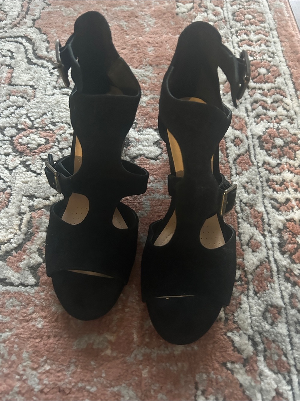 Clarks Black Suede Cutout Ankle-Strap Block Heels